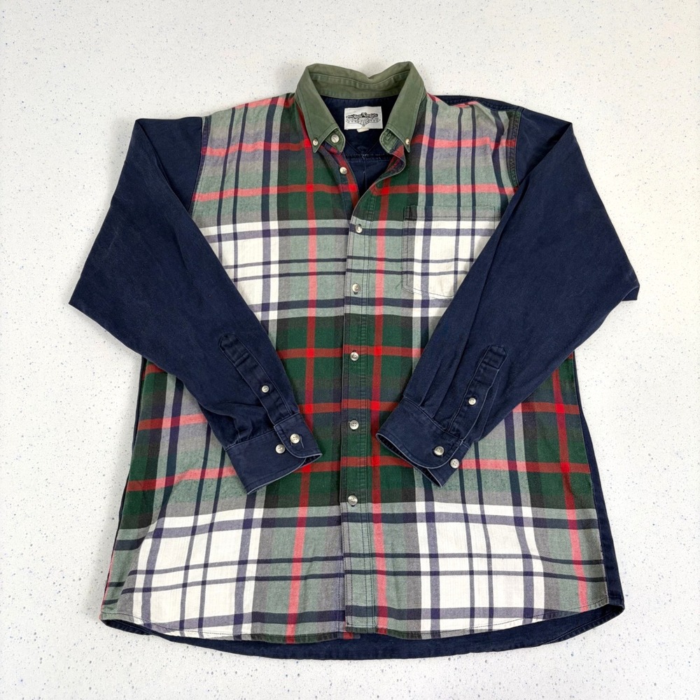 Prep Plaid Colorblock Button Up Shirt Rugby Style Oversized Layer Size L Western